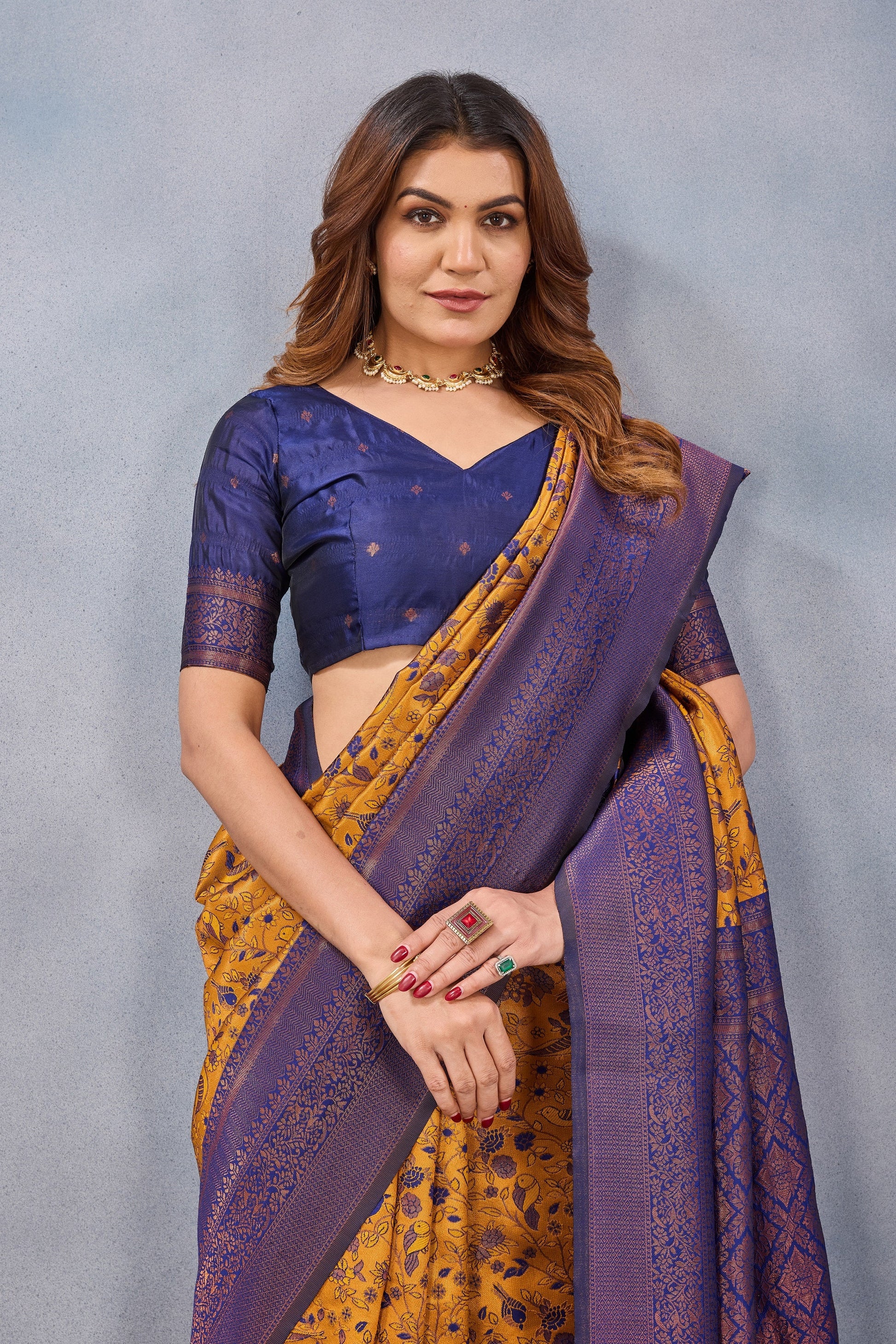 Divine International Trading Co Mustard Blue Soft Silk Blend Banarasi Jacuard Work Designer Party Wear Saree With Unstitched Blouse Piece
