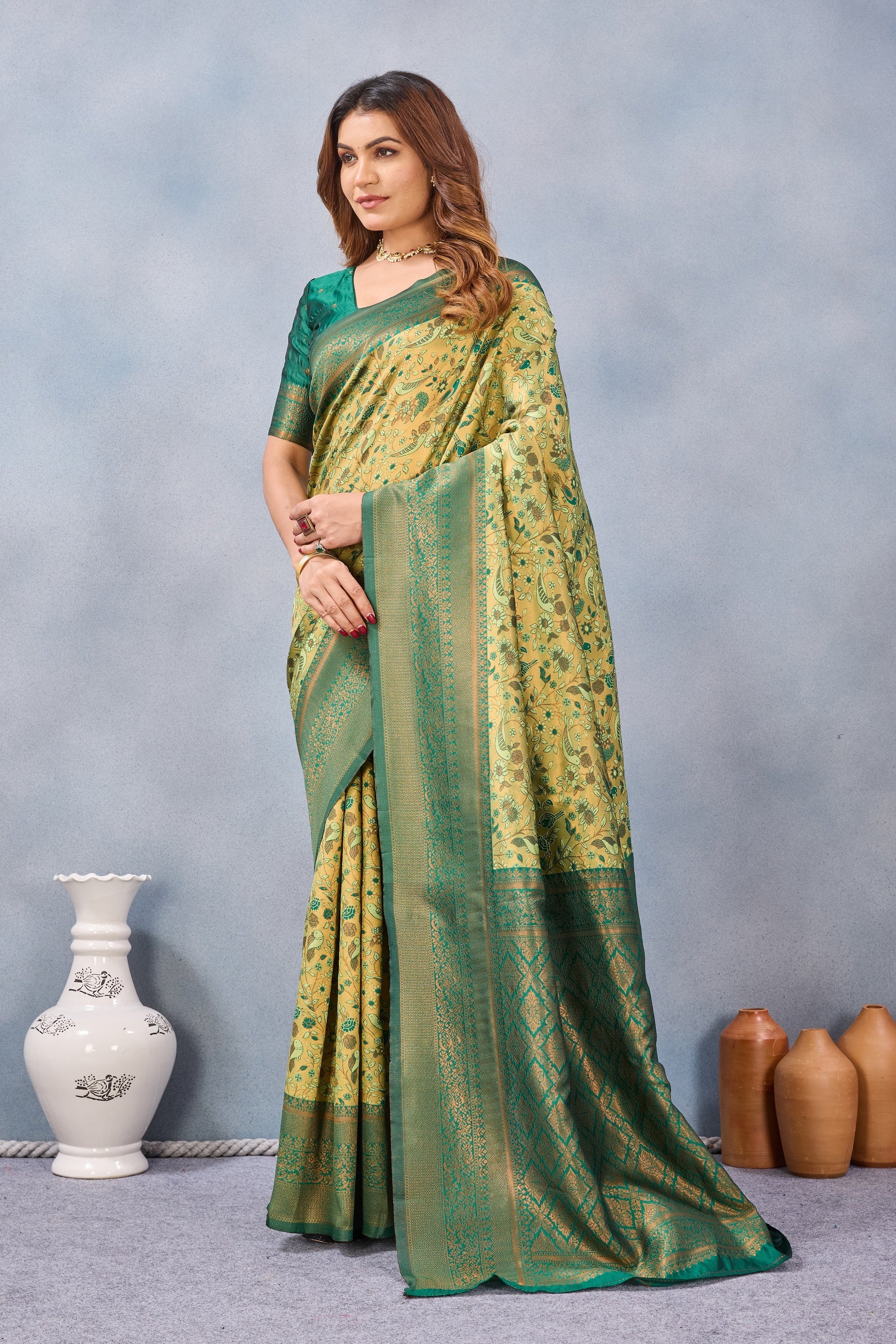 Divine International Trading Co Parrot Green Soft Silk Blend Banarasi Jacuard Work Designer Party Wear Saree With Unstitched Blouse Piece