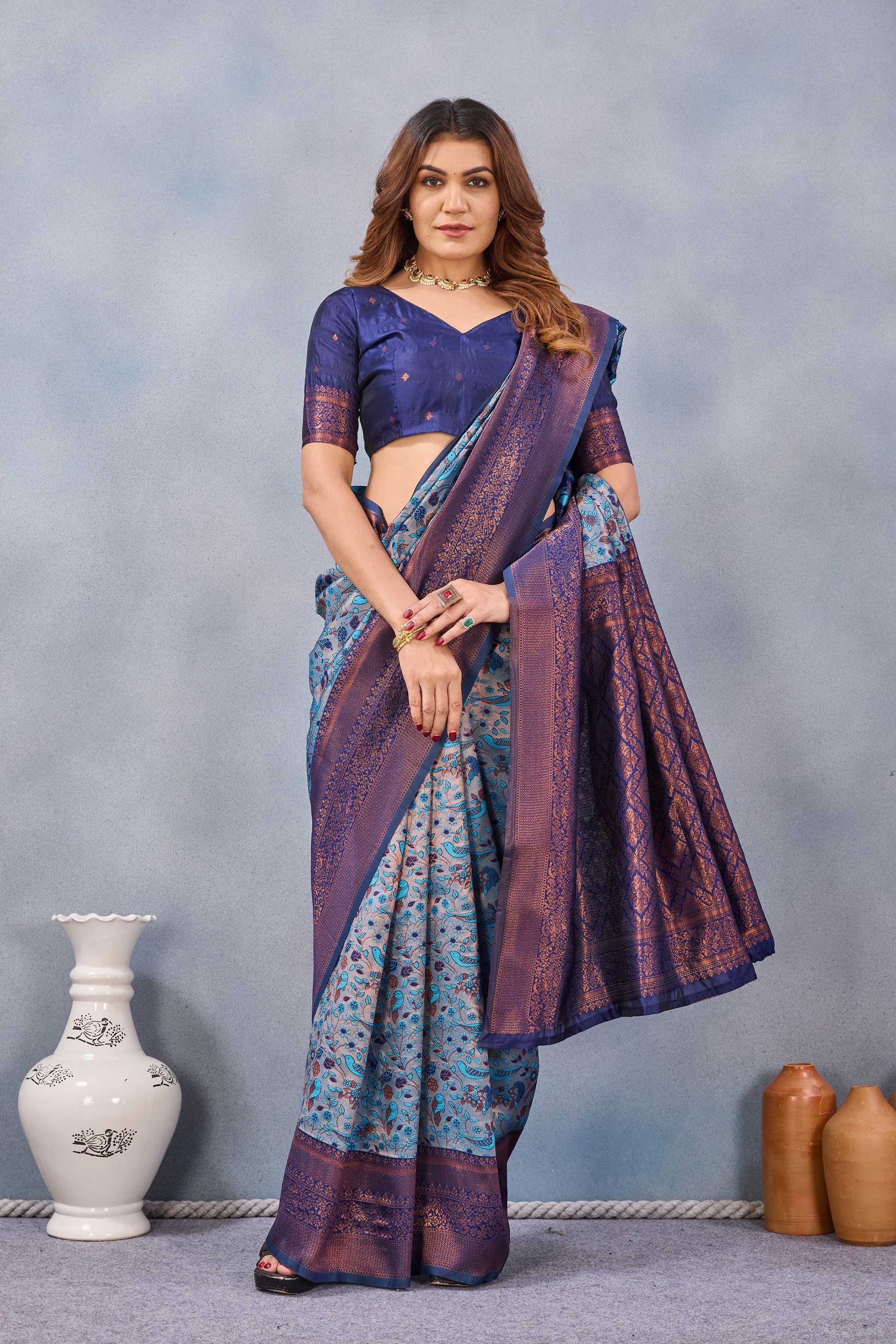 Divine International Trading Co Turquoise Soft Silk Blend Banarasi Jacuard Work Designer Party Wear Saree With Unstitched Blouse Piece