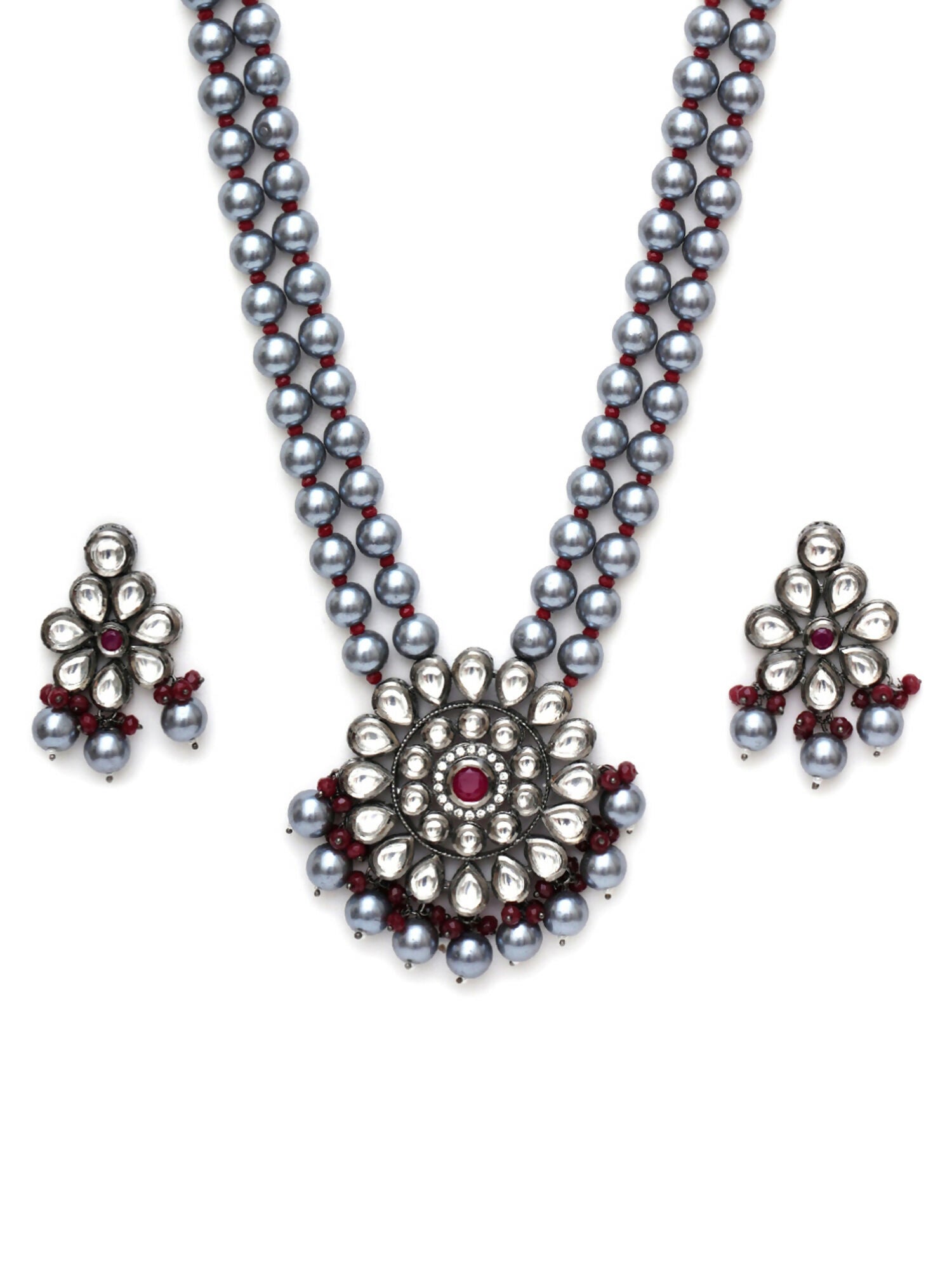 Long Kundan Neckpiece with Earrings with Multi Stones Jewellery Set (Grey) - Ruby Raang - Grab2buy