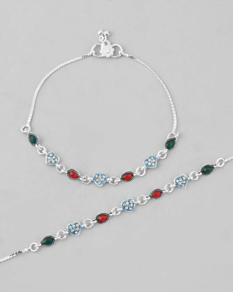 VOJ Set of 2 Silver Plated Heart Shaped Stone Studded Anklet 
