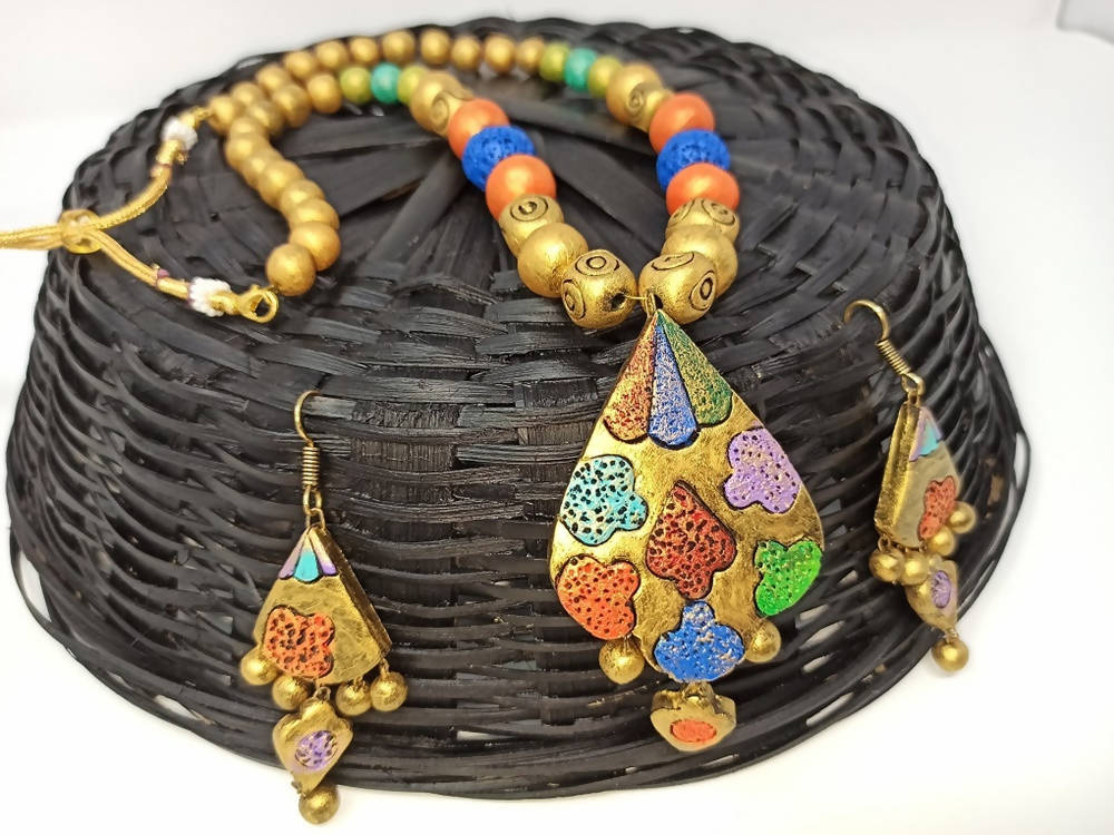 Terracotta Multi Colour Boho Style Neckset With Matching Earrings-Multi Colour