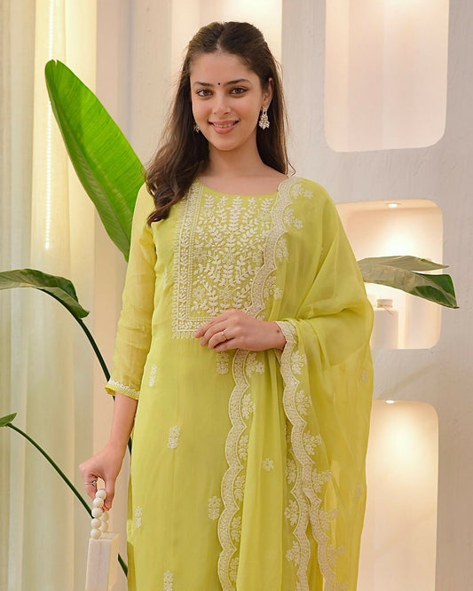 The52 Lemons Women's Beautiful Chikankari Work Chanderi Fabric Straight Kurta Pant and Dupatta Set 