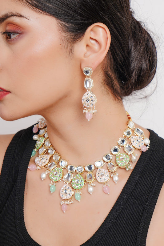 Divisha Alloy Gold-plated Mint Pink Jewellery Set | Grab2Buy