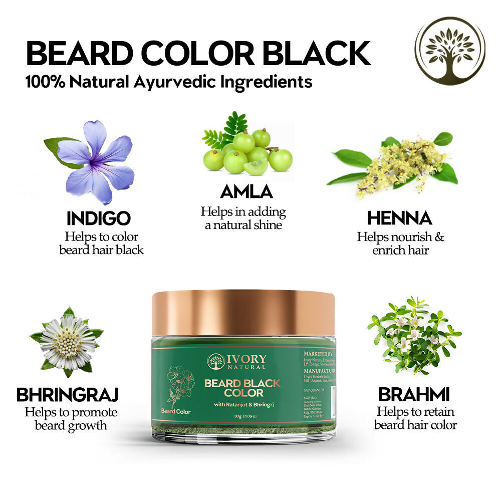 Ivory Natural Beard Black Color Organic - Instant Natural Plant Based Beard Color Powder 