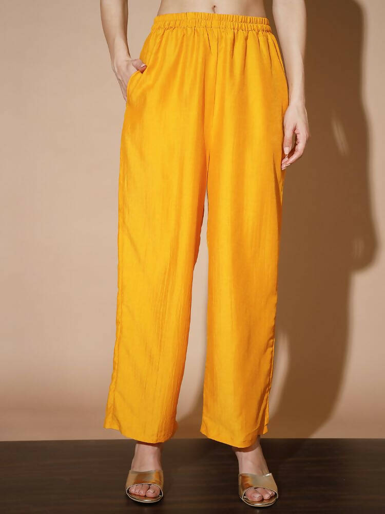 Myshka Women Mustard Solid Kurta & Palazzos With Dupatta
