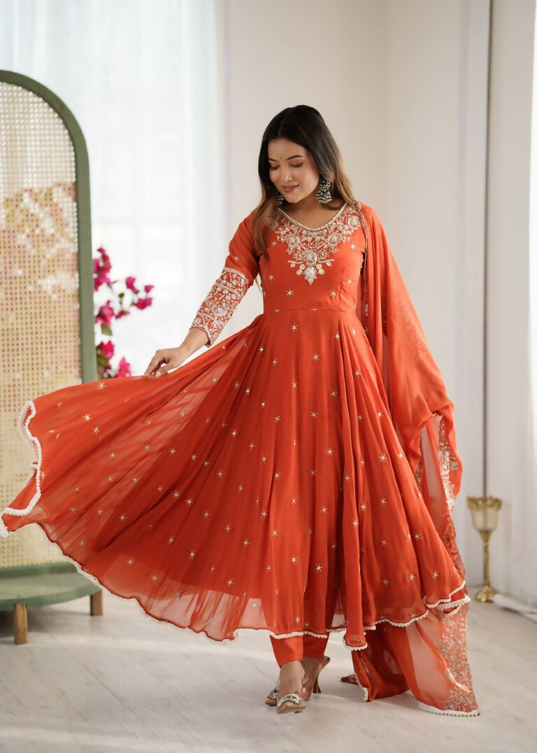 Teeya Creation Orange Color Faux georgette Embroidery Work Wedding Wear Gown