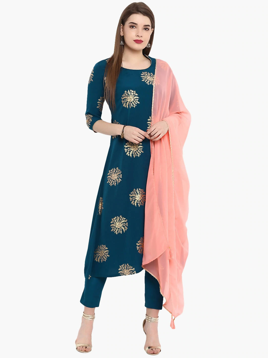Janasya Women Flower Golden Foil Kurta Set with Dipped Hemline