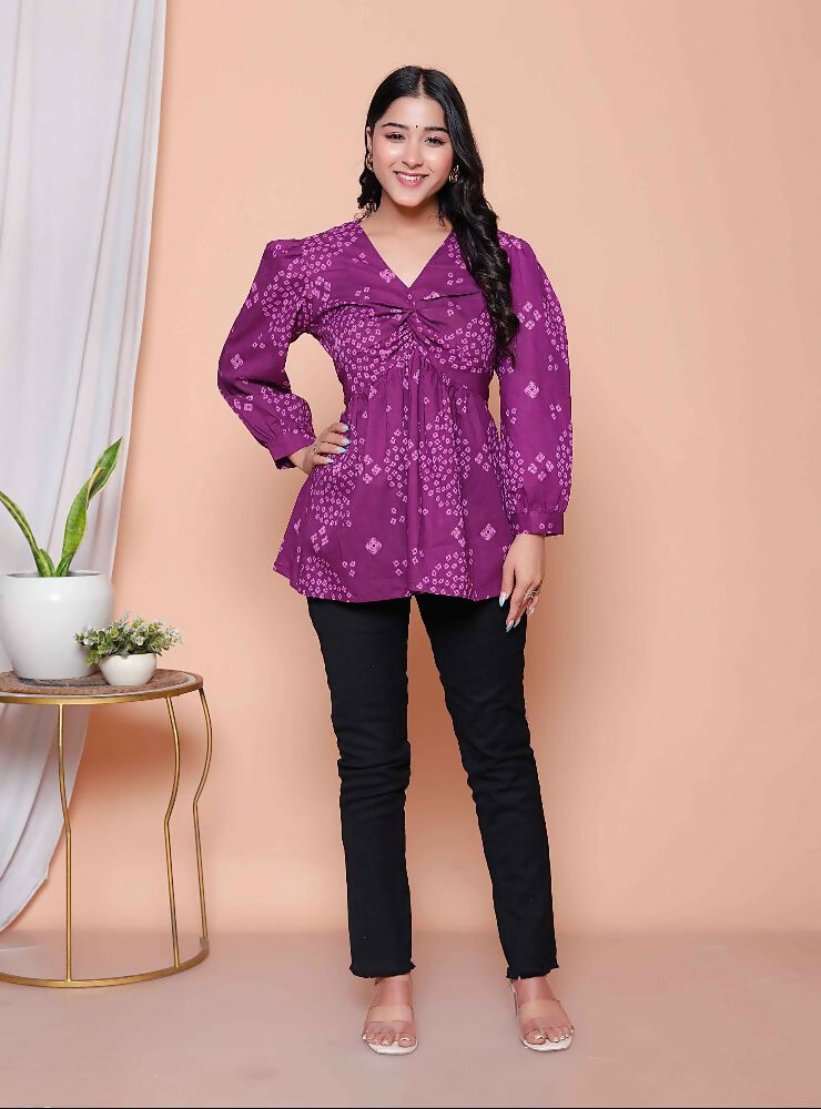 Miravan Womens Purple Bandhani Printed Butterfly Style Top