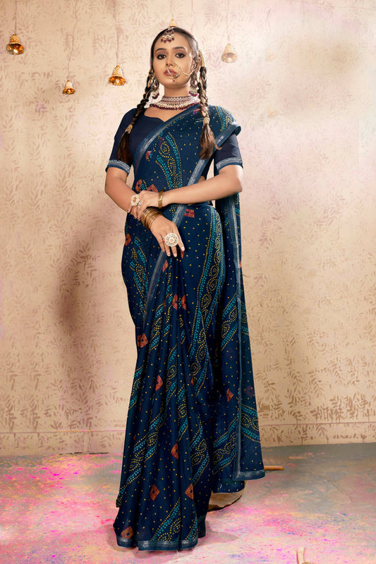 Navy Blue Georgette Bandhni Printed Saree With Unstitched Blouse Piece - Shanaya