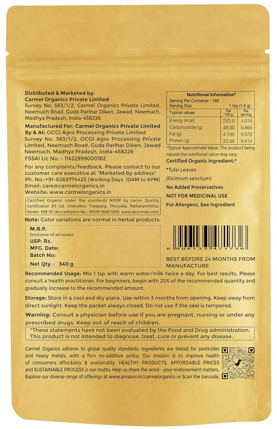 Carmel Organics Tulsi Leaves Powder 