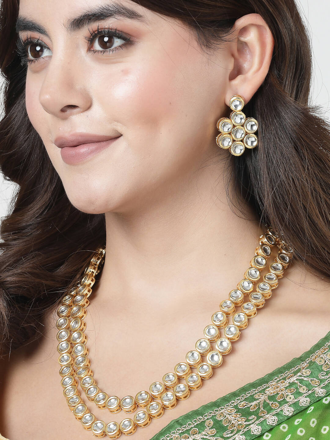 NVR Women's Gold-Polished Kundan 2 Layered Handcrafted Jewellery Sets With Drop Earrings