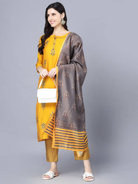Myshka Women Mustard Yellow Ethnic Motifs Embroidered Panelled Kurti with Trousers With Dupatta