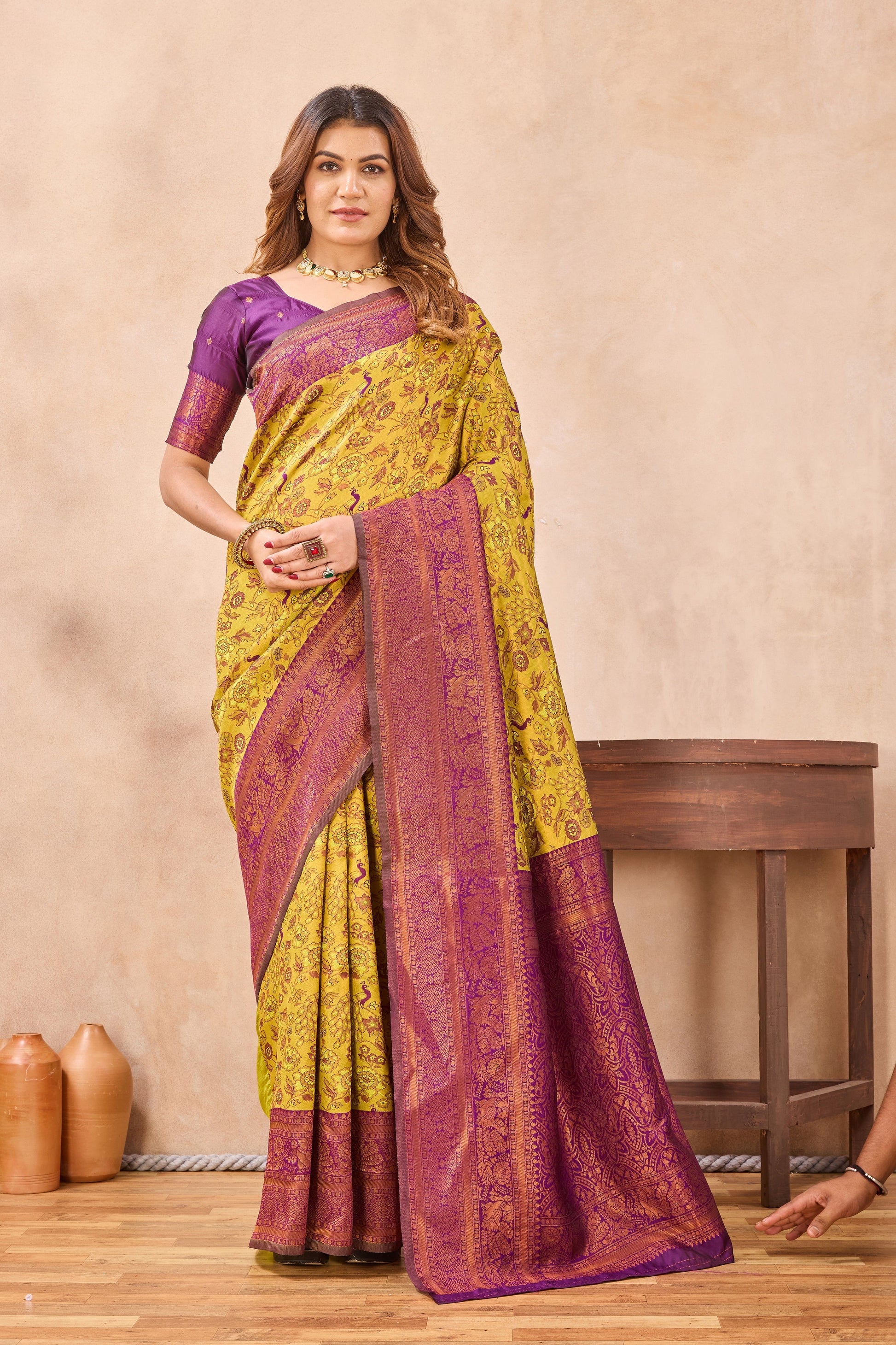 Divine International Trading Co Mustard Wine Soft Silk Blend Banarasi Jacuard Work Designer Party Wear Saree With Unstitched Blouse Piece