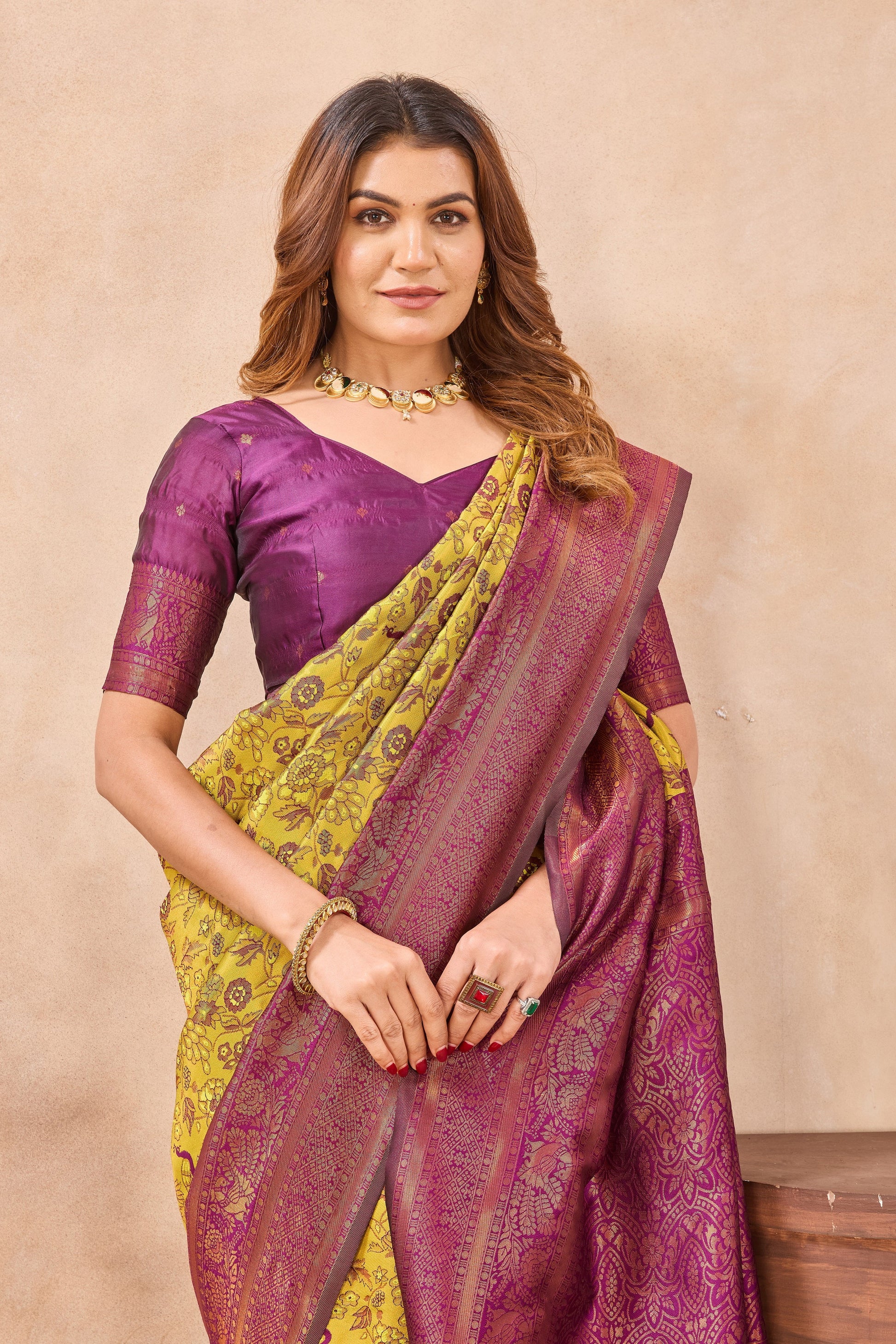 Divine International Trading Co Mustard Wine Soft Silk Blend Banarasi Jacuard Work Designer Party Wear Saree With Unstitched Blouse Piece