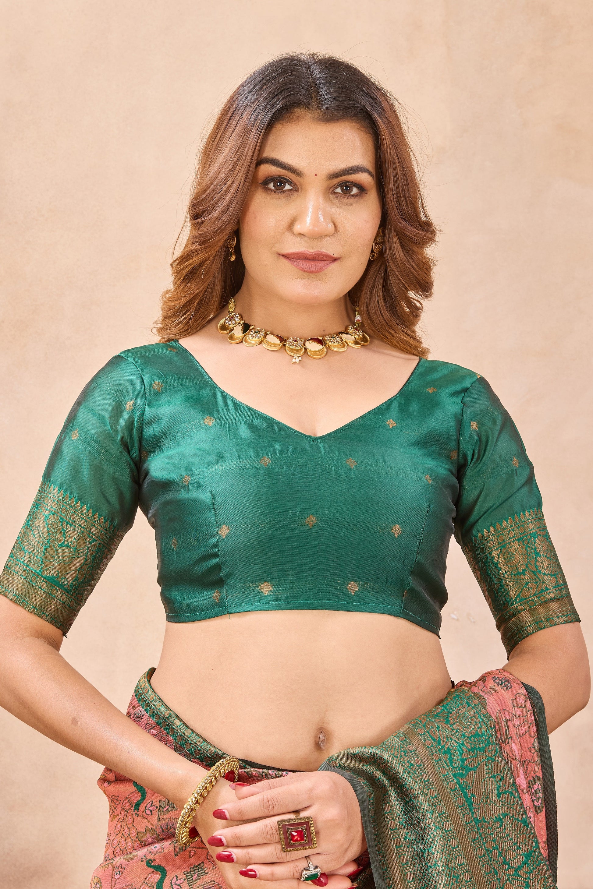 Divine International Trading Co Peach Green Soft Silk Blend Banarasi Jacuard Work Designer Party Wear Saree With Unstitched Blouse Piece