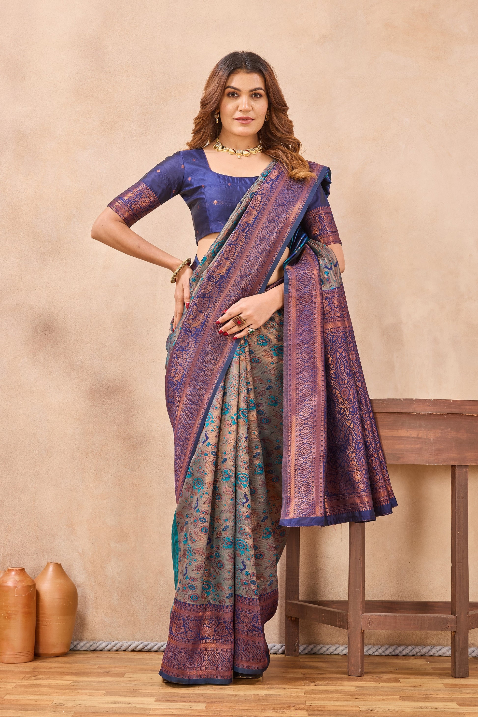 Divine International Trading Co Turquoise Blue Soft Silk Blend Banarasi Jacuard Work Designer Party Wear Saree With Unstitched Blouse Piece
