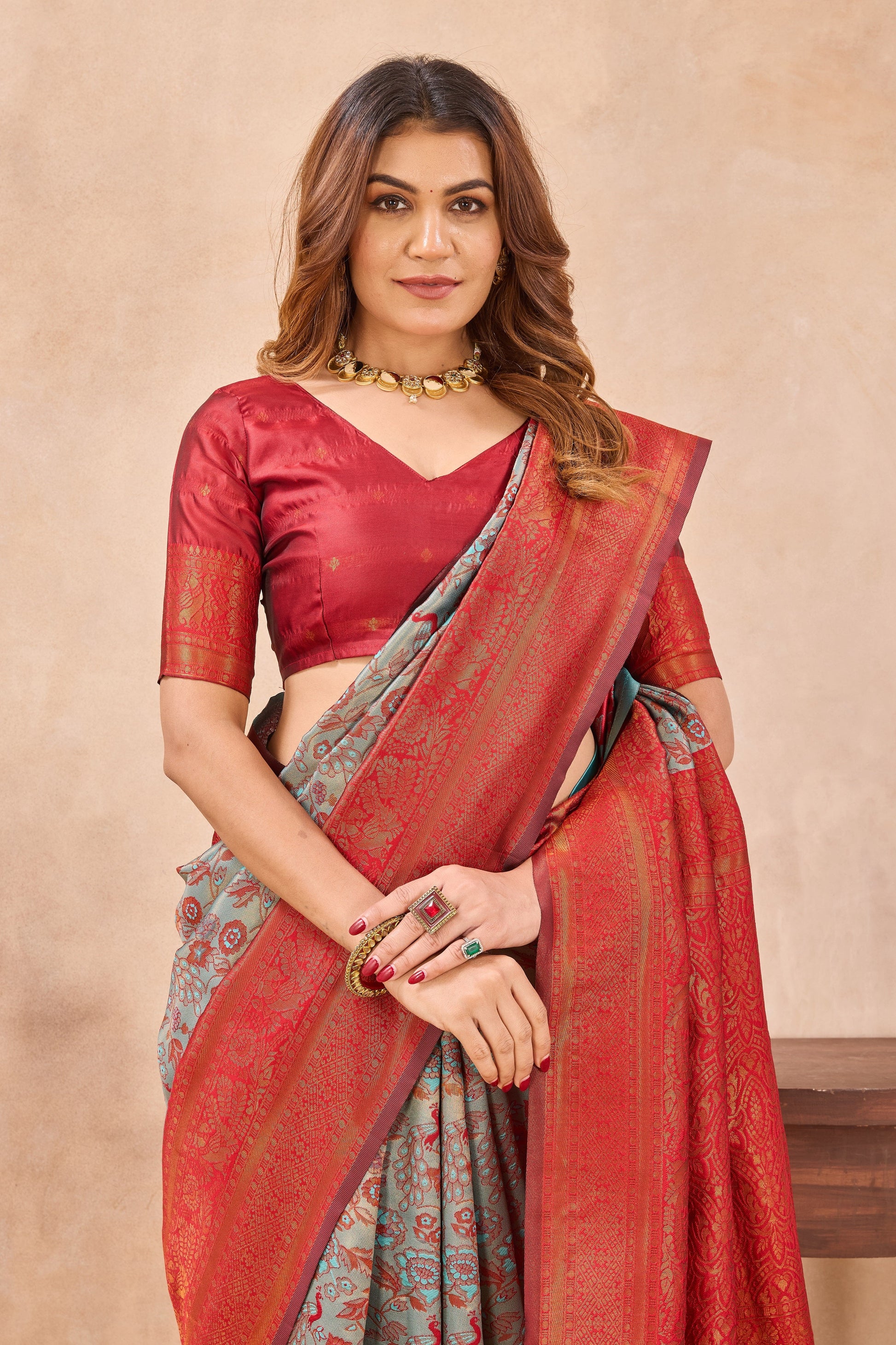 Divine International Trading Co Turquoise Red Soft Silk Blend Banarasi Jacuard Work Designer Party Wear Saree With Unstitched Blouse Piece