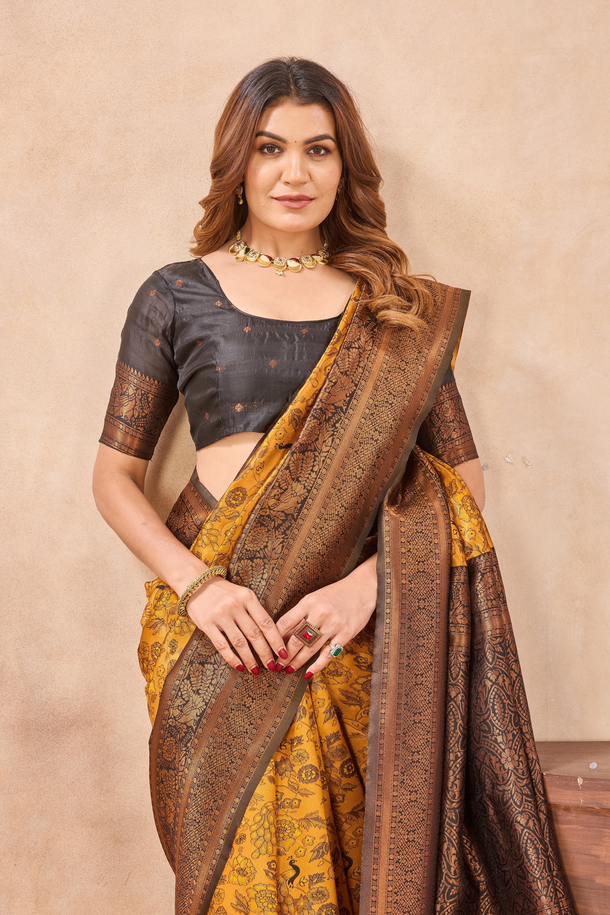 Divine International Trading Co Yellow Black Soft Silk Blend Banarasi Jacuard Work Designer Party Wear Saree With Unstitched Blouse Piece