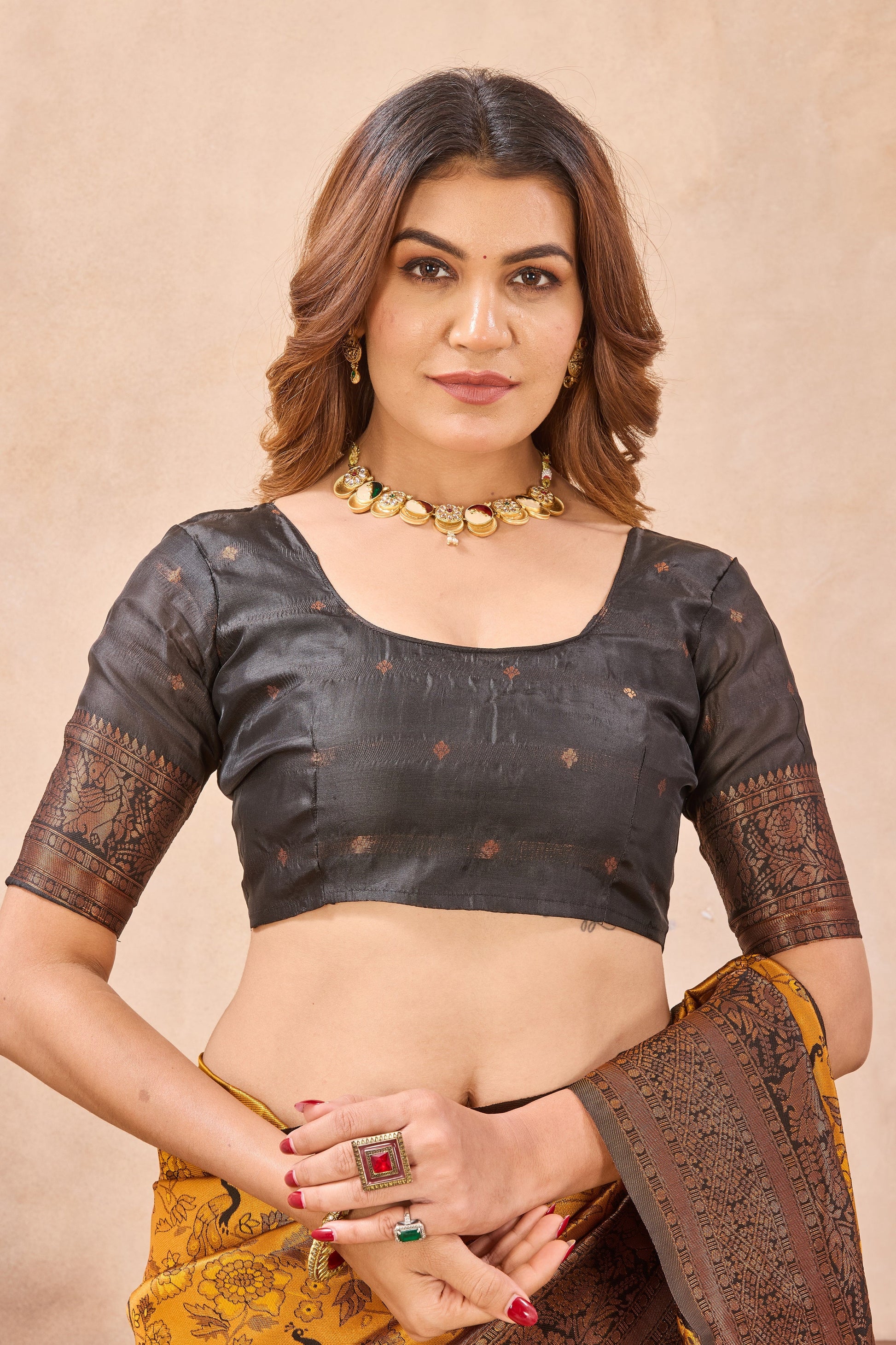 Divine International Trading Co Yellow Black Soft Silk Blend Banarasi Jacuard Work Designer Party Wear Saree With Unstitched Blouse Piece