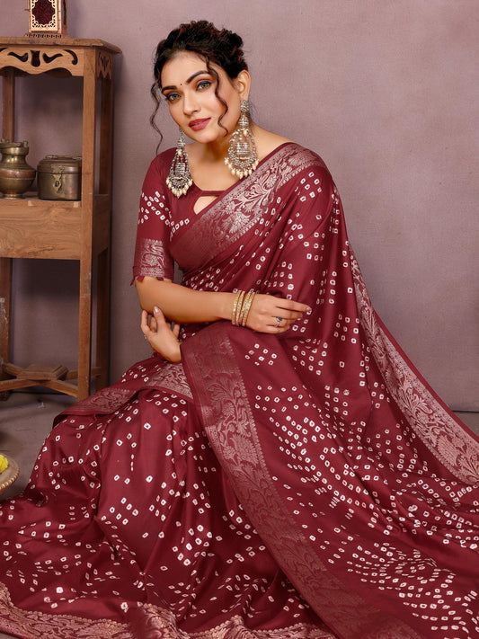 Anaita Maroon Pure Bandhej Silk Saree With Zari Weaving Work