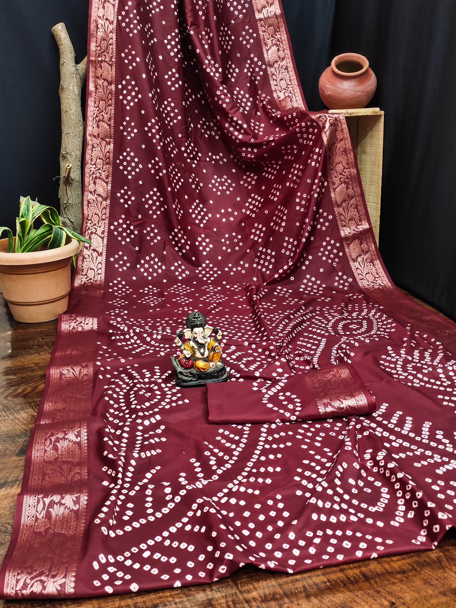 Anaita Maroon Pure Bandhej Silk Saree With Zari Weaving Work