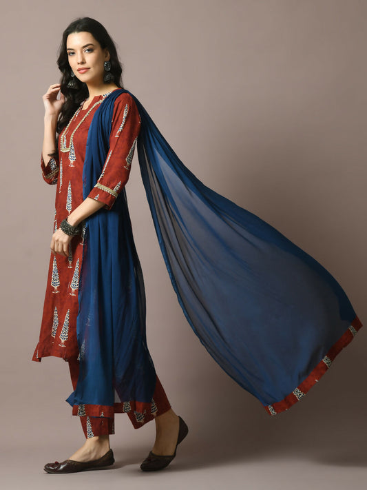 Myshka Women's Rust Printed Cotton Straight Party Kurta Set With Dupatta
