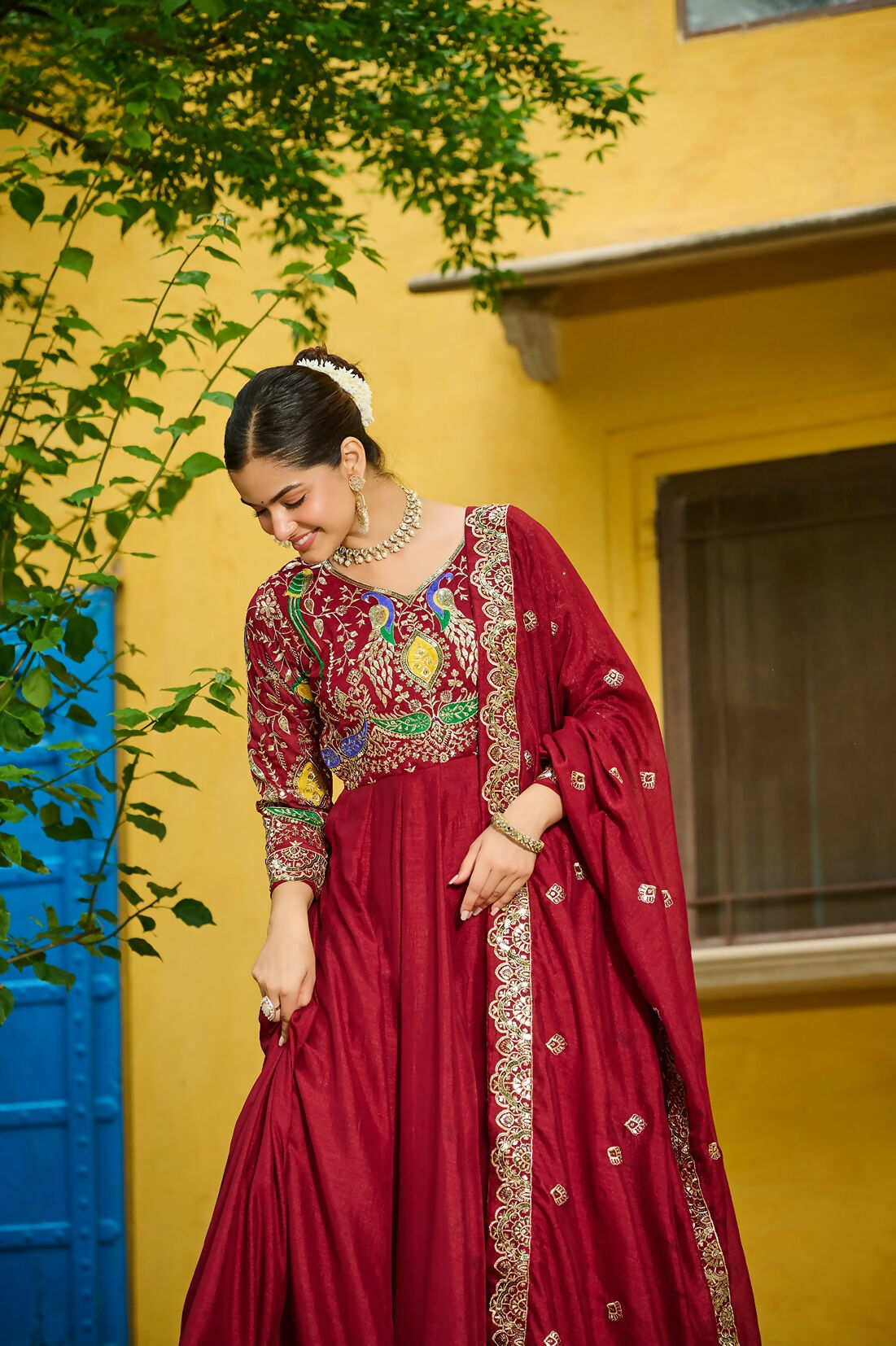 Joban Fashion Maroon Silk Sequence Embroidery Work Kurta Set