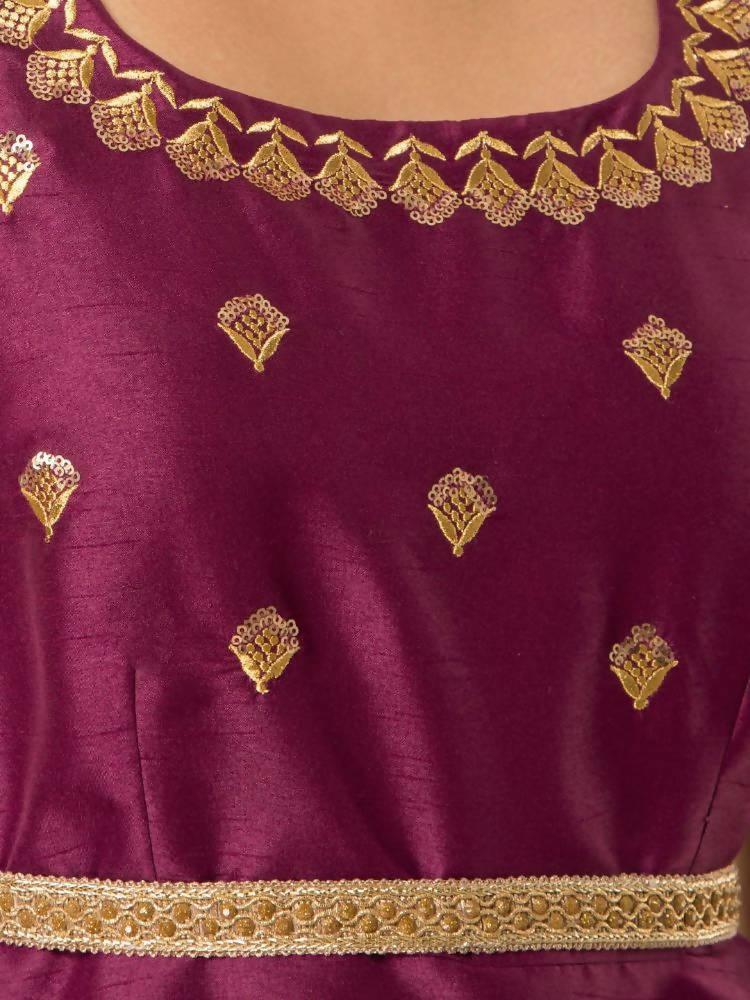 Indya Women Wine-Colored Embroidered Belted Peplum Layered Kurta