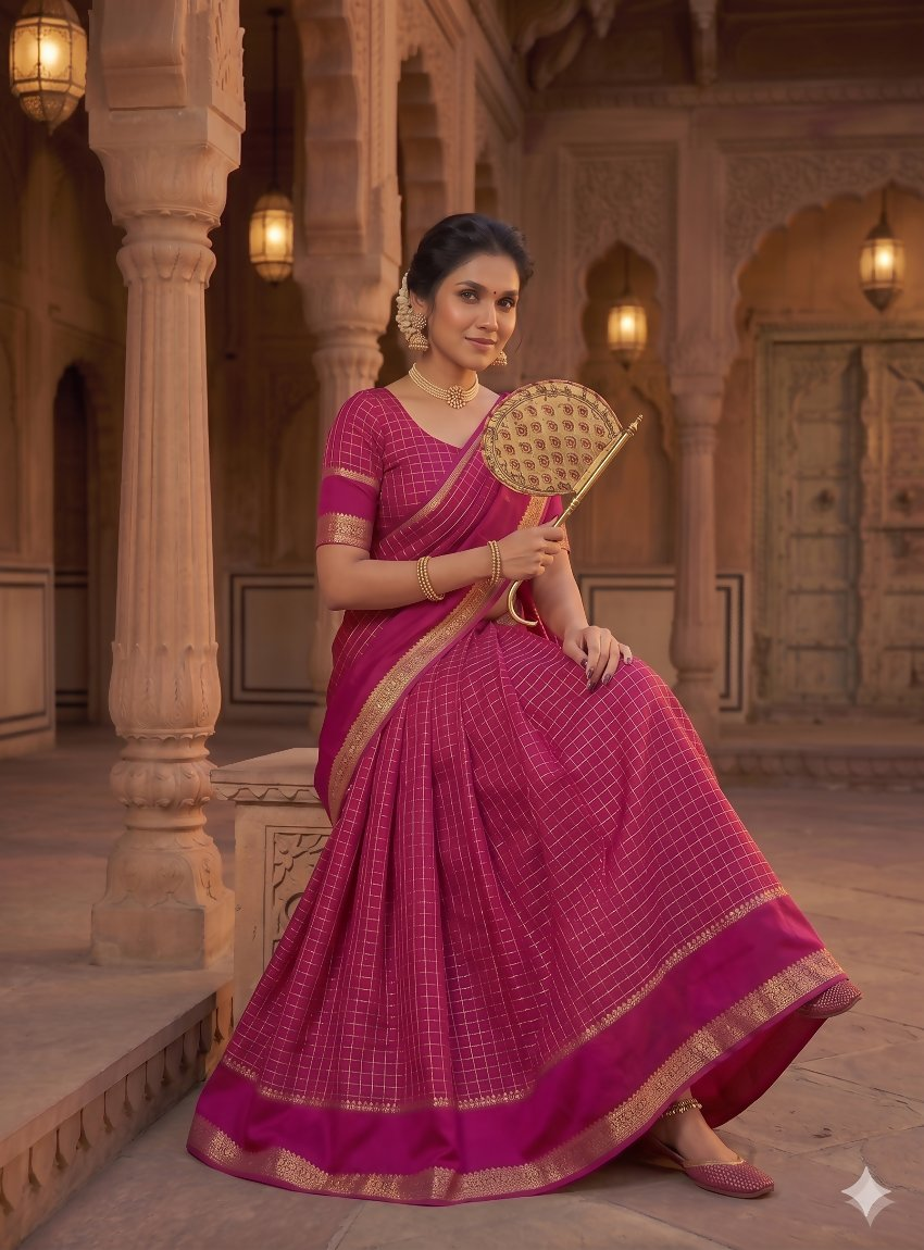 Teeya Creation New South Indian Silk Checked Half Saree Lehenga Choli with Zari Border-Rani-Pink
