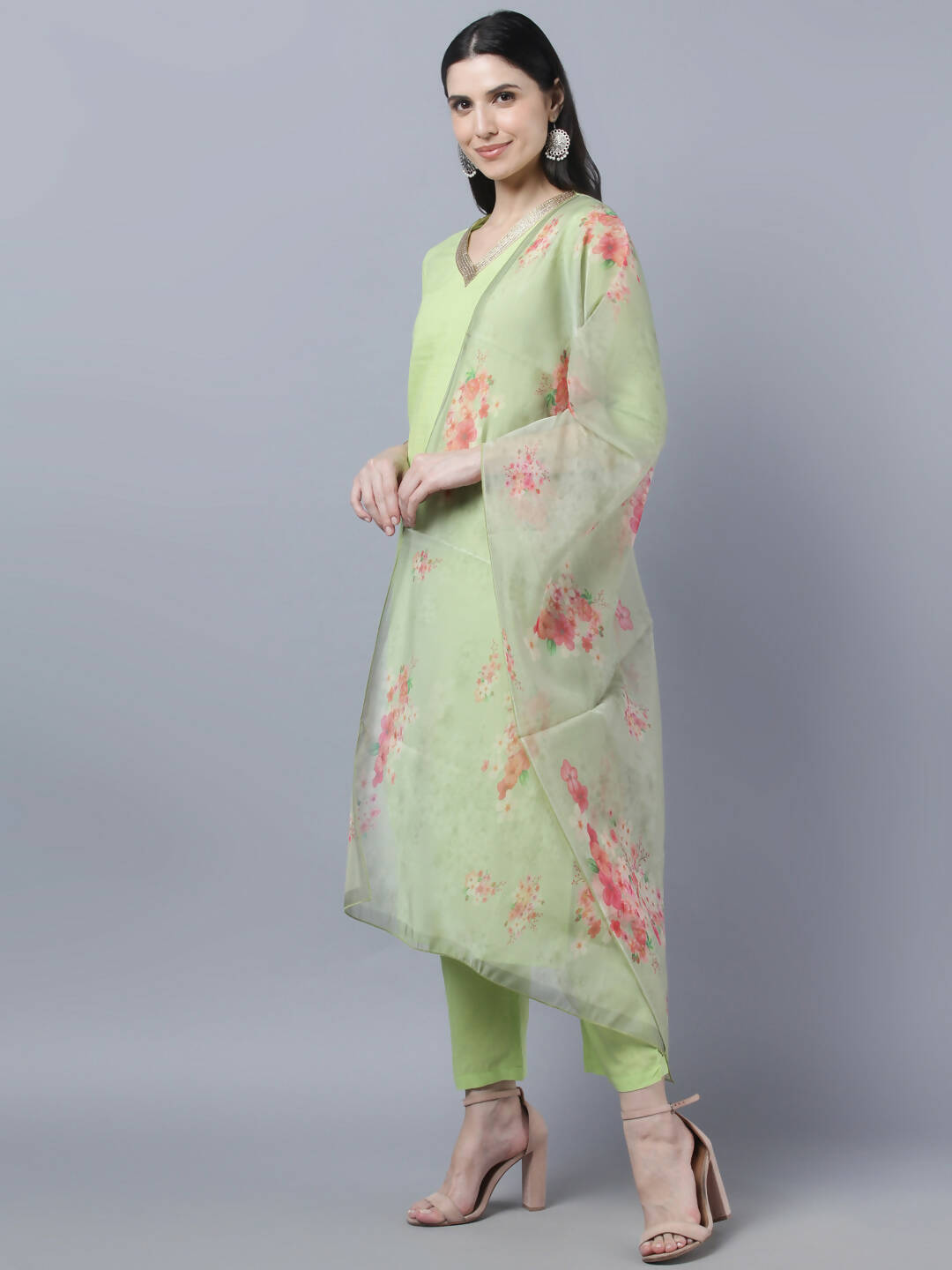 Myshka Women Green Regular Pure Cotton Kurta with Trousers With Dupatta Set