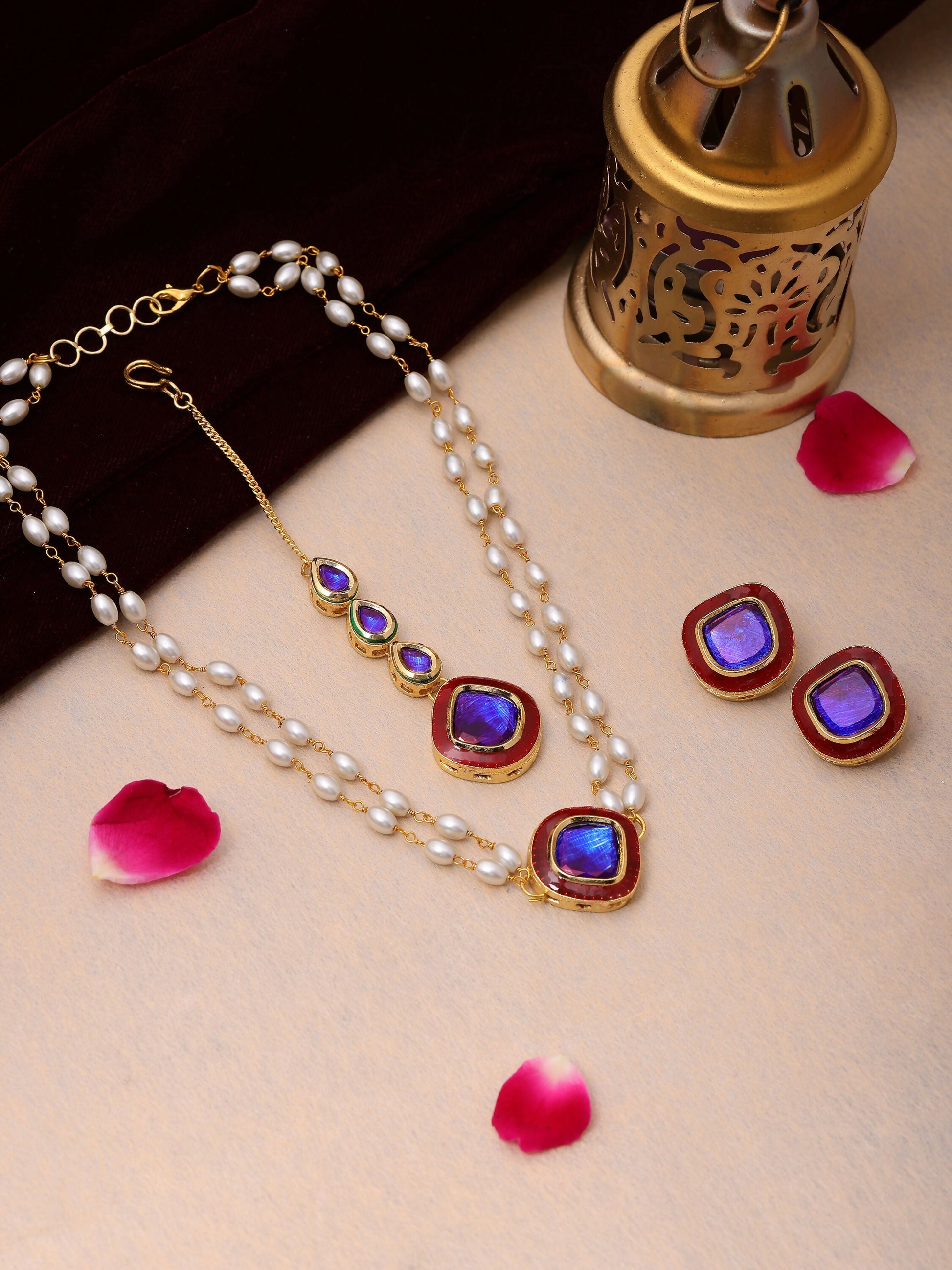 Ruby Raang Blue and Red Meenakari Kundan Necklace with Earrings & Maang Tikka | Grab2Buy