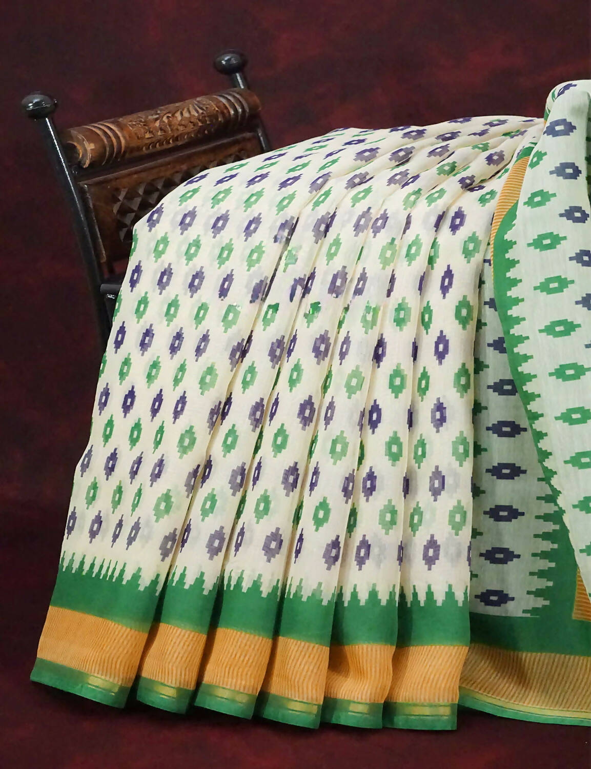 Combo of Off White and Mango Green Patan Patola Semi Chanderi Saree By Gayathri Reddy Designer Studio | Grab2Buy