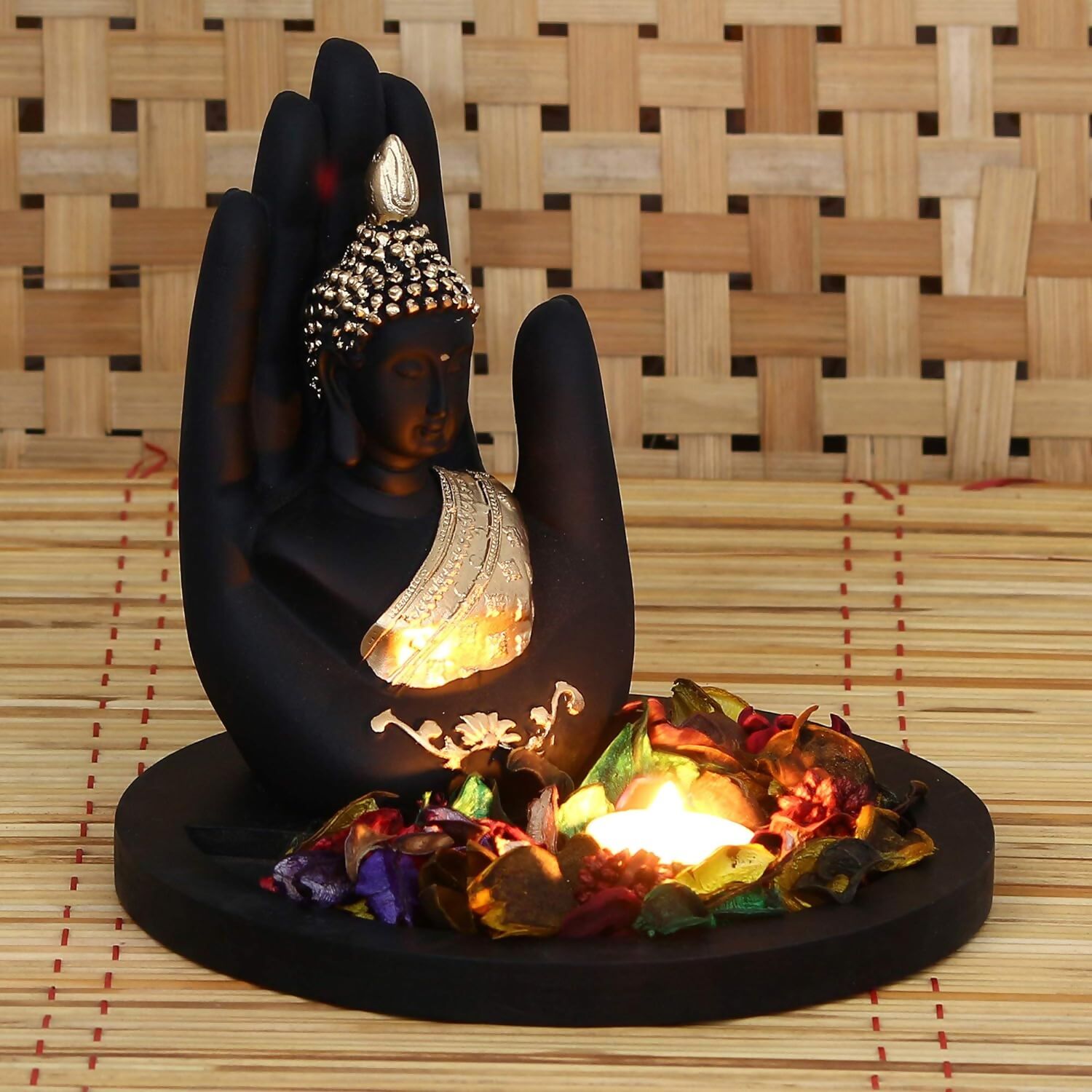 eCraftIndia Black and Golden Polyresin Palm Buddha Statue - Grab2buy