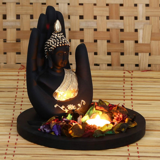 eCraftIndia Black and Golden Polyresin Palm Buddha Statue - Grab2buy