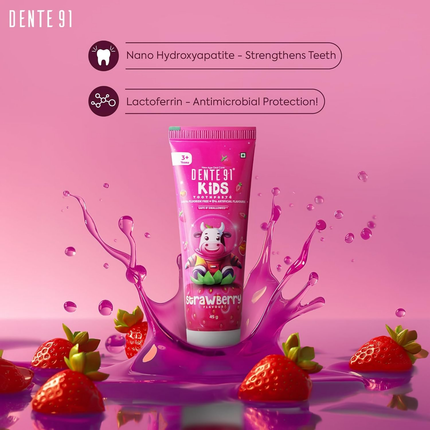 Dente91 Kids Toothpaste Protects Against Dental Caries & Hypersensitivity Fluoride Free Strawberry Flavour 