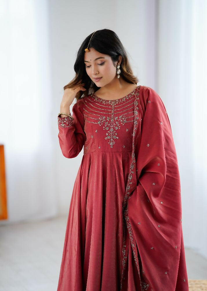 Joban Fashion Maroon Kurta Set Chanderi Sequence Embroidery Work 