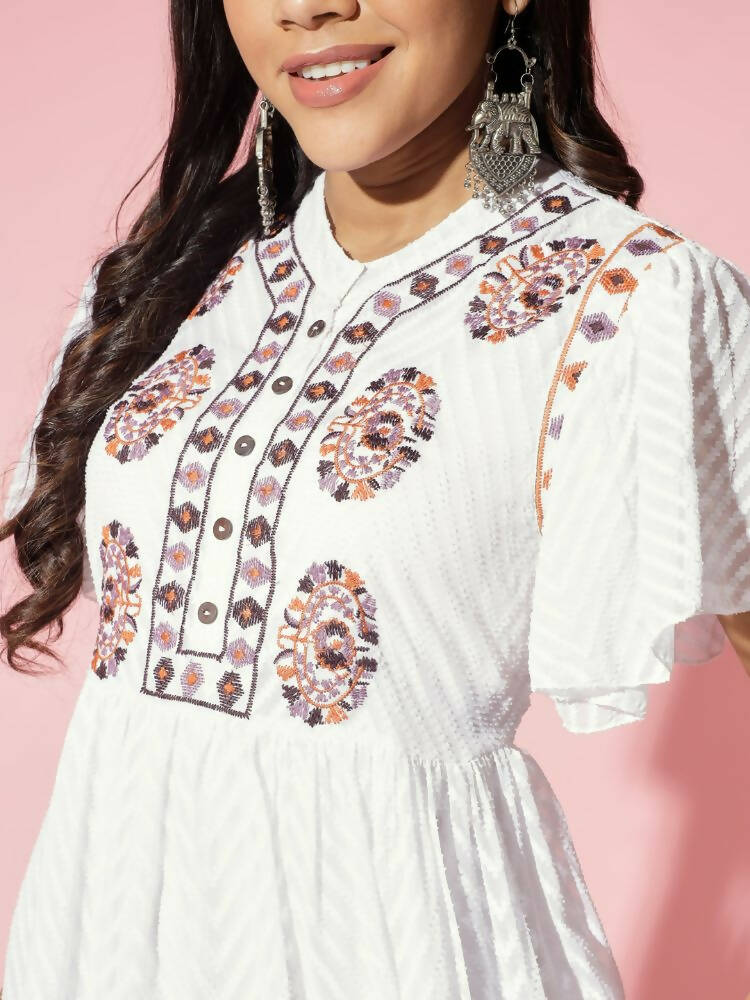 Myshka Women White Solid V-Neck Flared Sleeves Synthetic Georgette Top