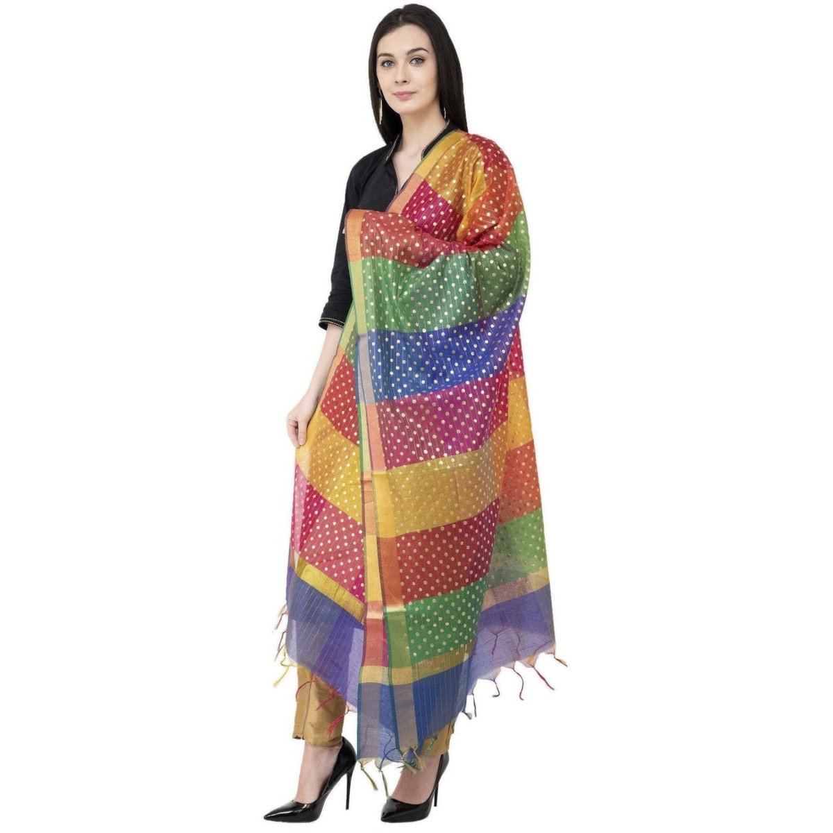 A R Silk Multi Box Gold Print Fancy Dupatta Multi Color Color Dupatta or Chunni 