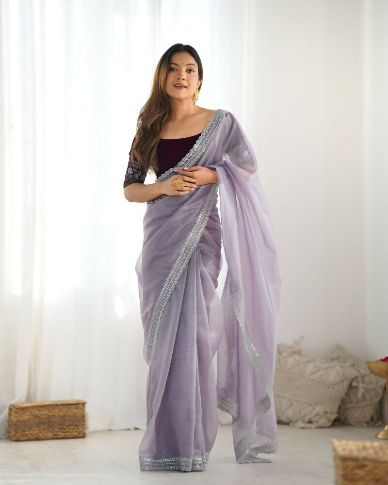 Attrctive Looking Gold Jari, Sequance Embroidery Work Twill Net Party Wear Saree - Lavender