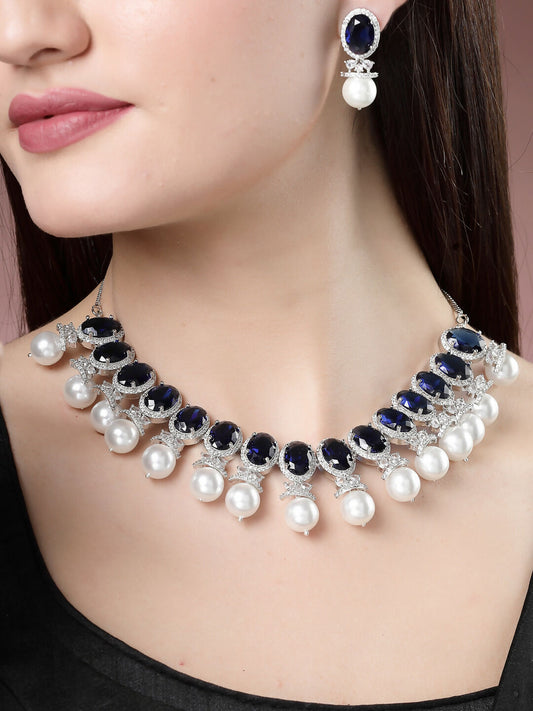 NVR Women's Silver-Plated Blue American Diamond Studded Handcrafted Jewellery Set - Grab2buy