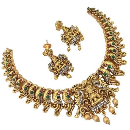 Jewel City Ornate Gold-Plated Laxmi Temple Jewelry Set - Antique-Finish Necklace and Earrings | Grab2Buy