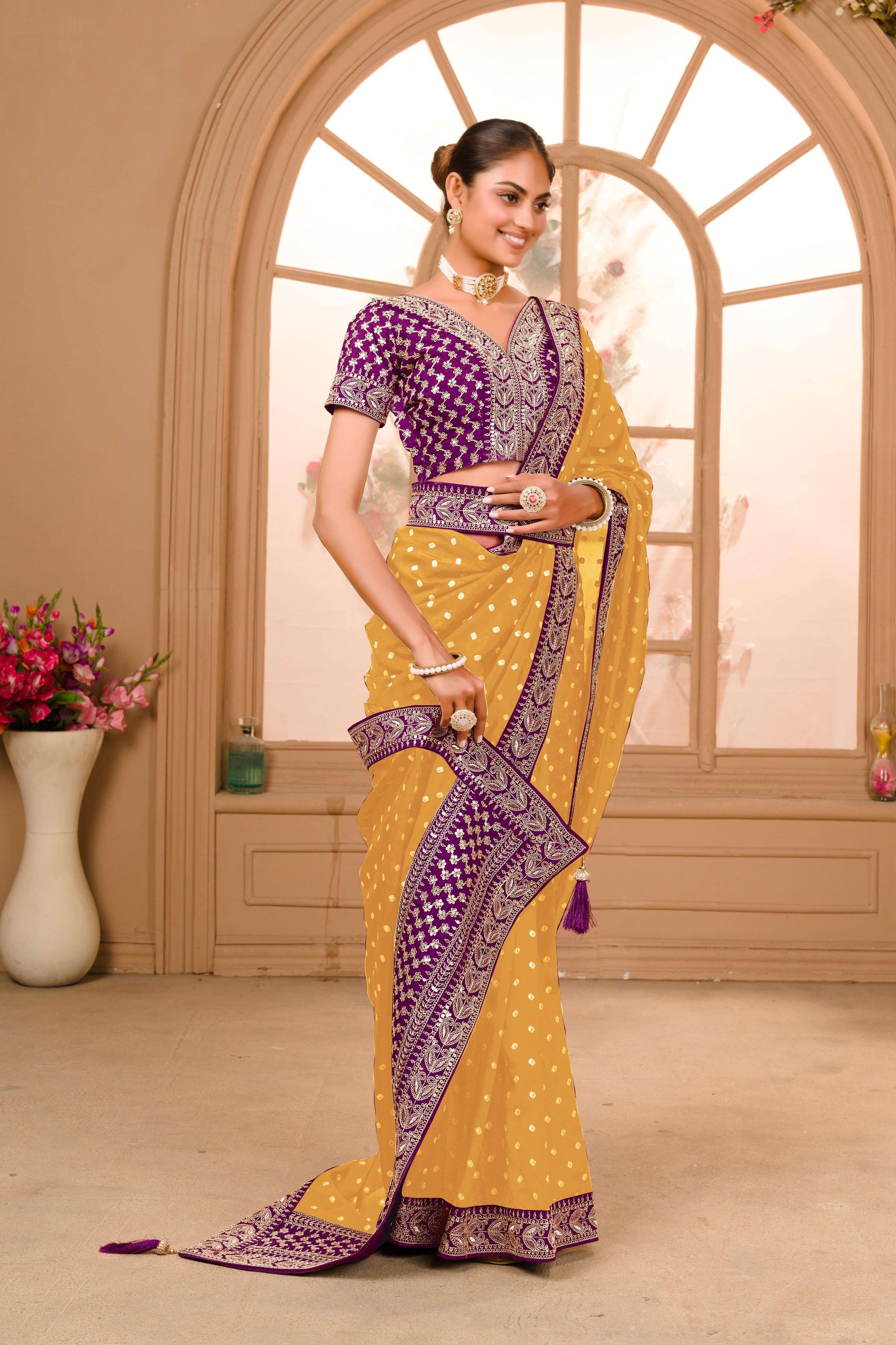 Teeya Creation Yellow Color Chinnon Silk Heavy Embroidery Work Saree