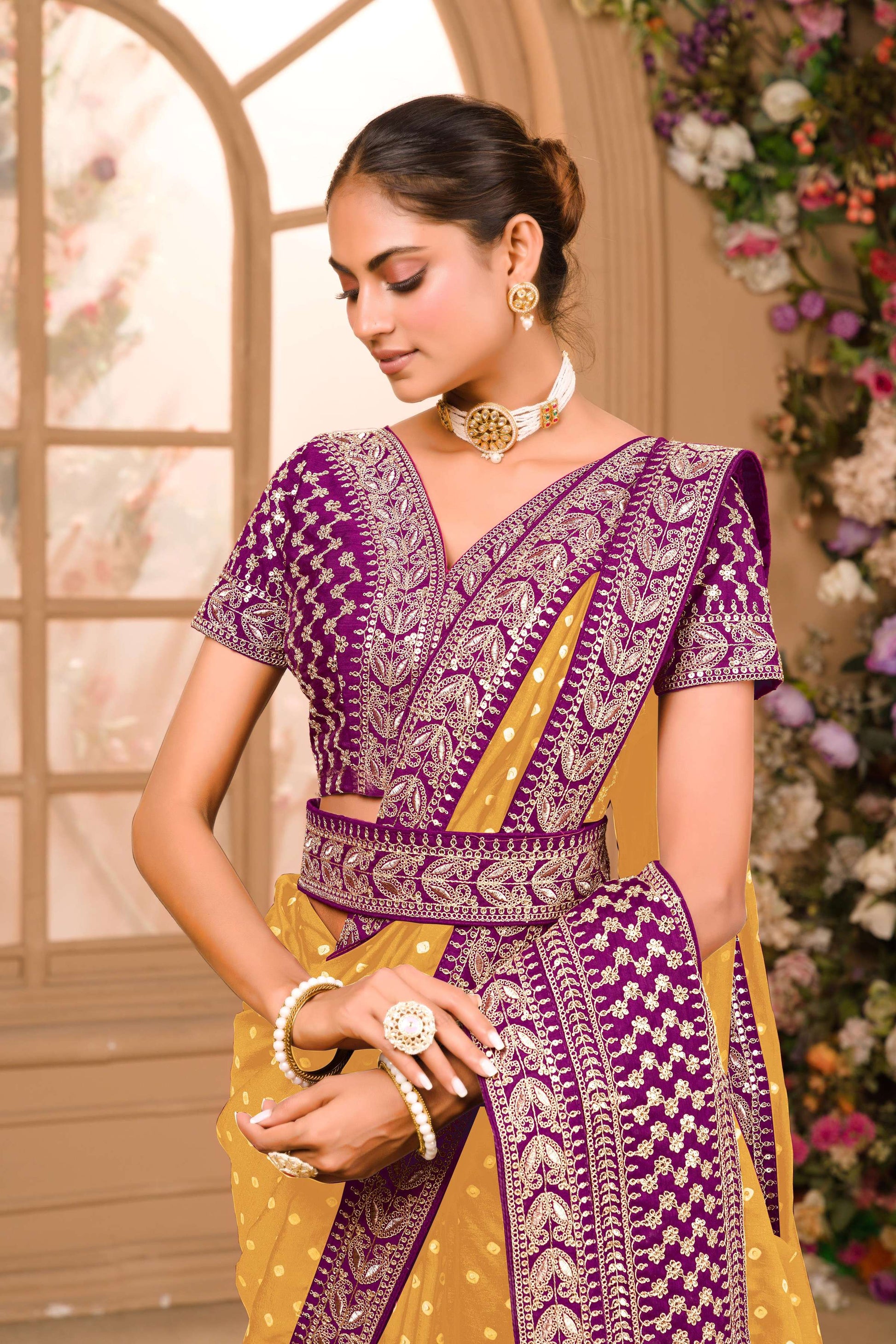 Teeya Creation Yellow Color Chinnon Silk Heavy Embroidery Work Saree