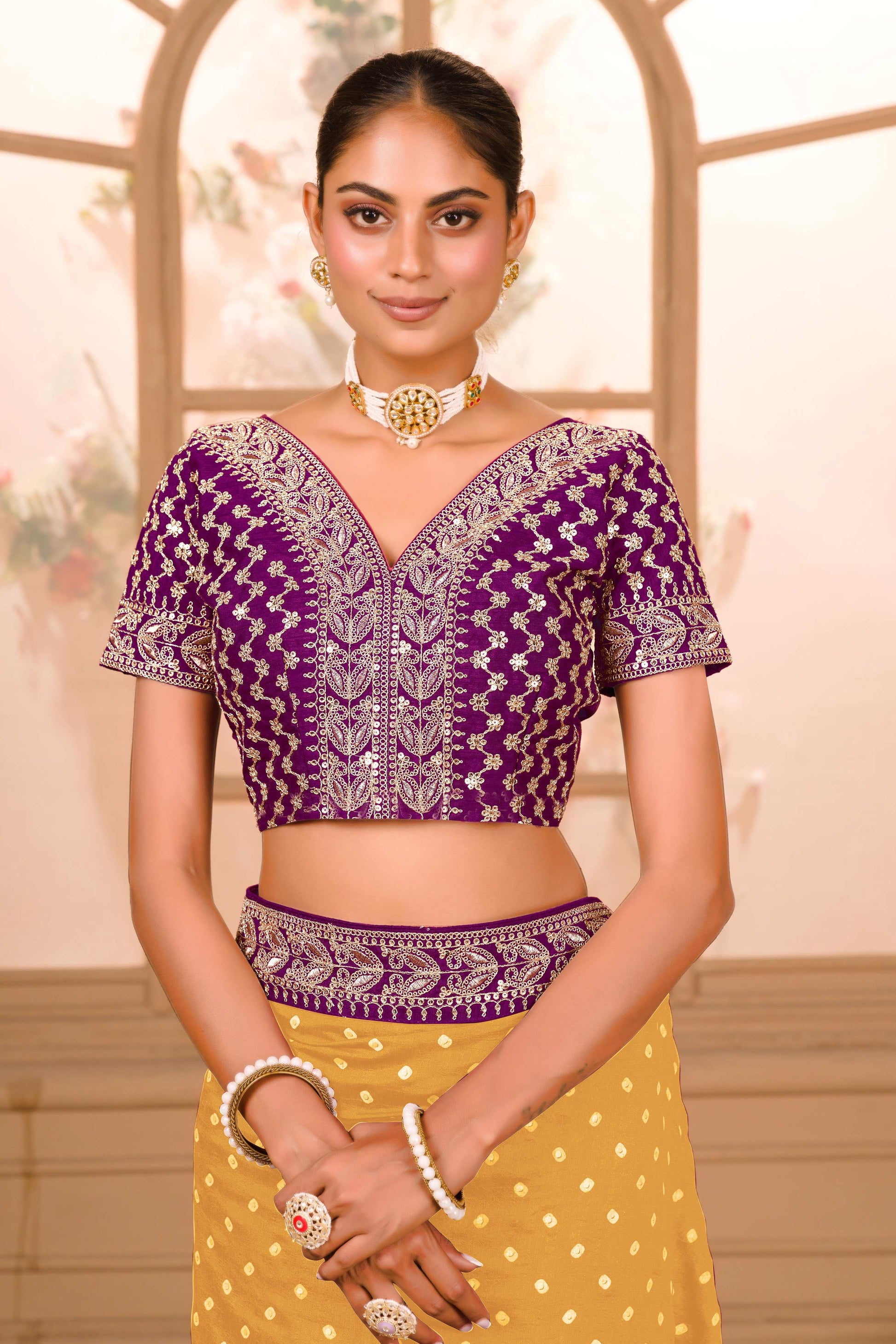 Teeya Creation Yellow Color Chinnon Silk Heavy Embroidery Work Saree
