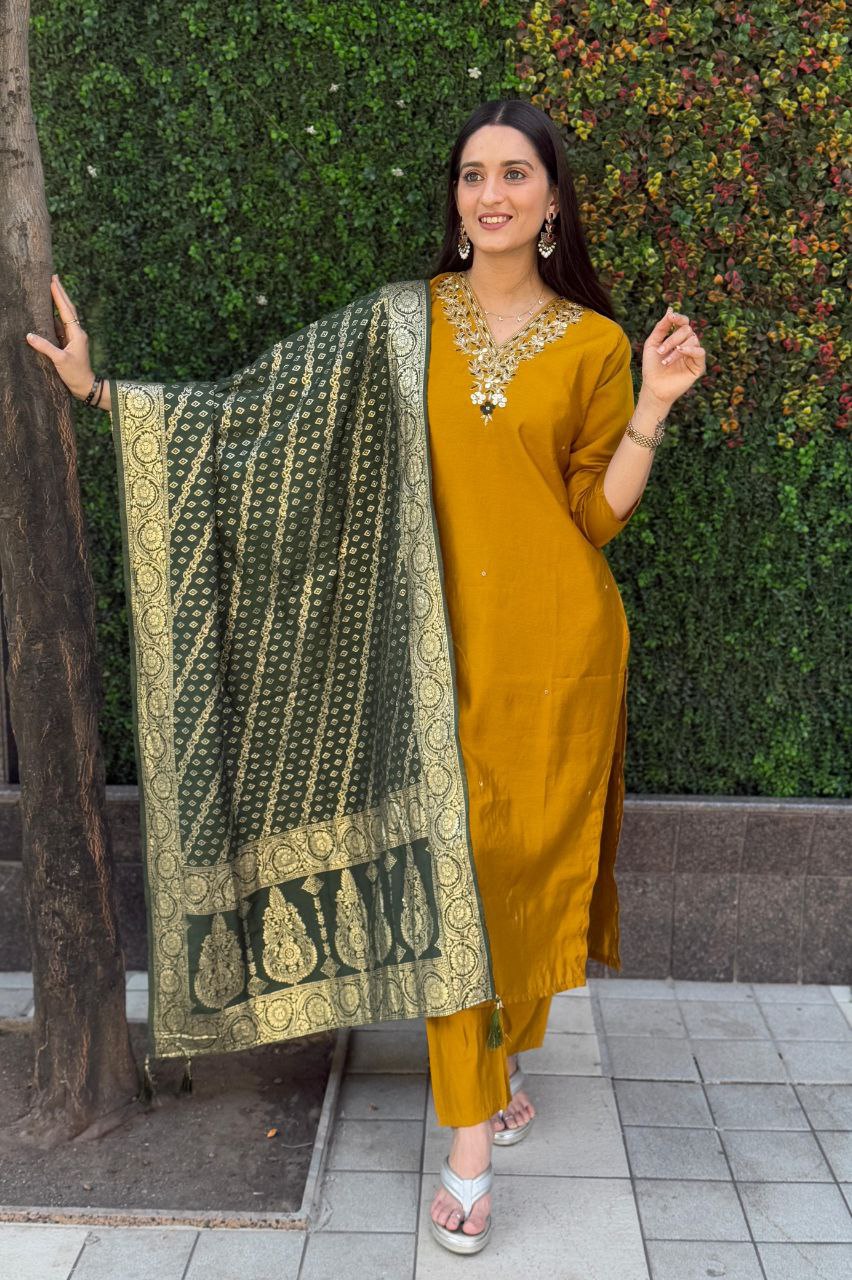 Lorenvalley Fashion Mustard Roman Silk Hand Work Kurta Pant with Dupatta
