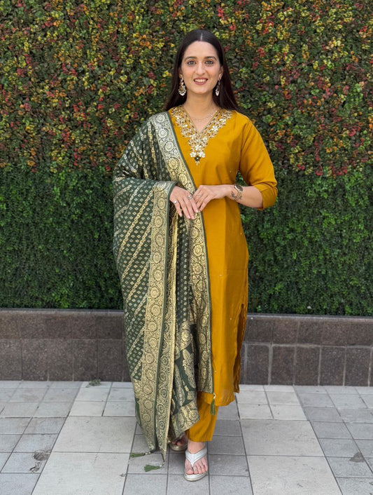 Lorenvalley Fashion Mustard Roman Silk Hand Work Kurta Pant with Dupatta