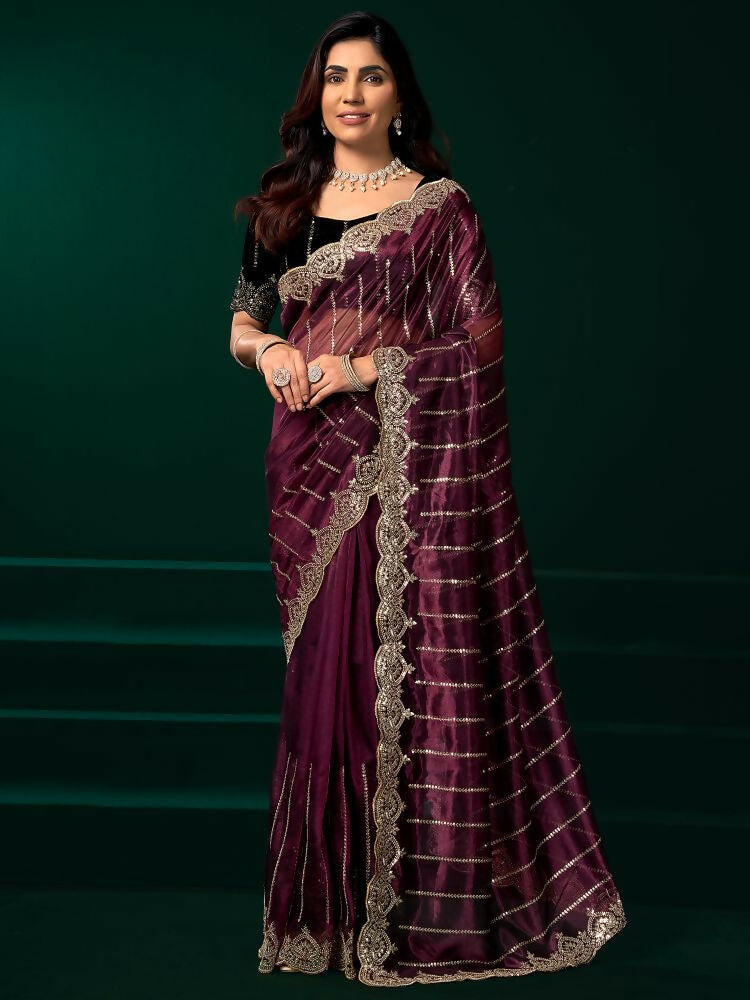 Joban Fashion Purple Net Party Wear Sarees
