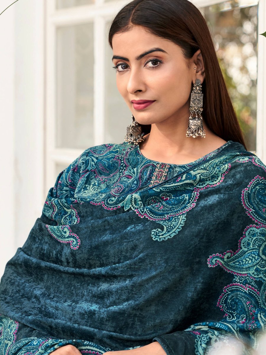 Aastha Fashion Women's Navy Blue Velvet Digital Print with Resham Thread work Kurta with Trouser & Dupatta - Grab2buy