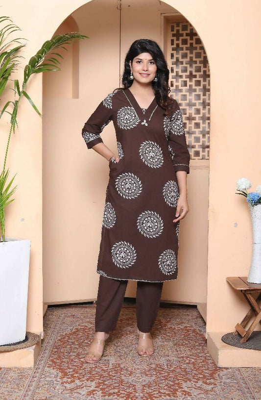 Miravan Womens Brown Animal Printed Kurta With Palazzo
